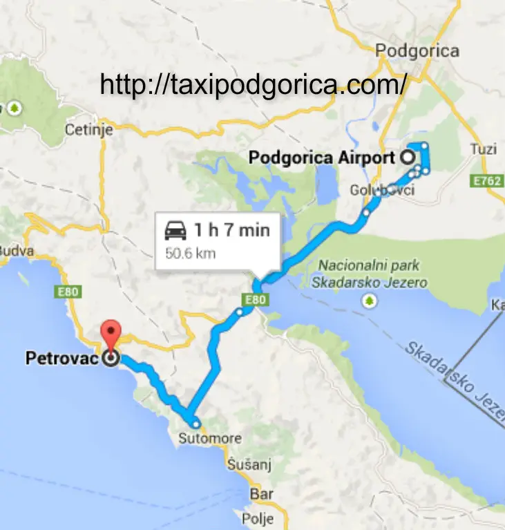 Transfer route Podgorica airport to Petrovac